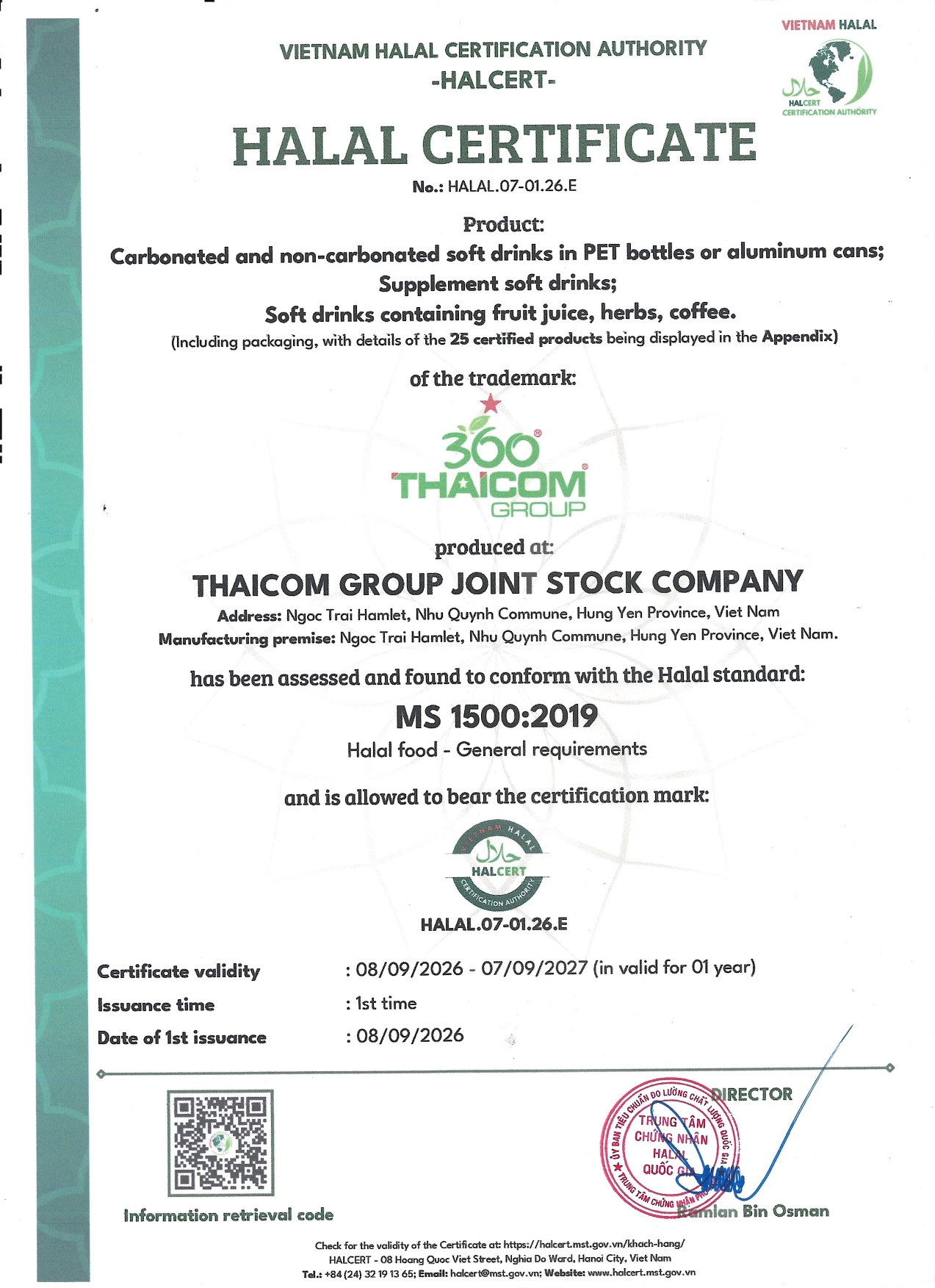 First English page of the Thaicom Halal Certificate