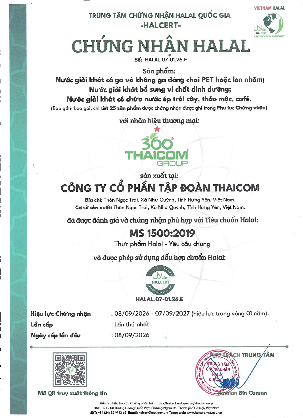 Trang đầu Chứng nhận Halal của Công ty Cổ phần Tập đoàn Thaicom
